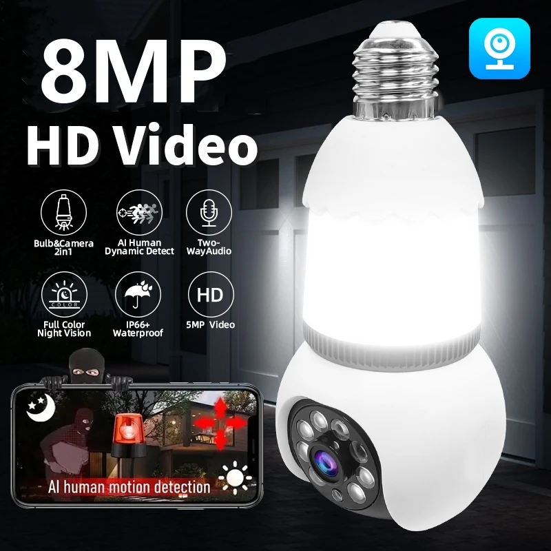 

4K 8MP Bulb Camera Wifi Surveillance Camera Wireless CCTV PTZ Smart Security Tracking Two-way Audio Night Vision 10X Zoom Camera