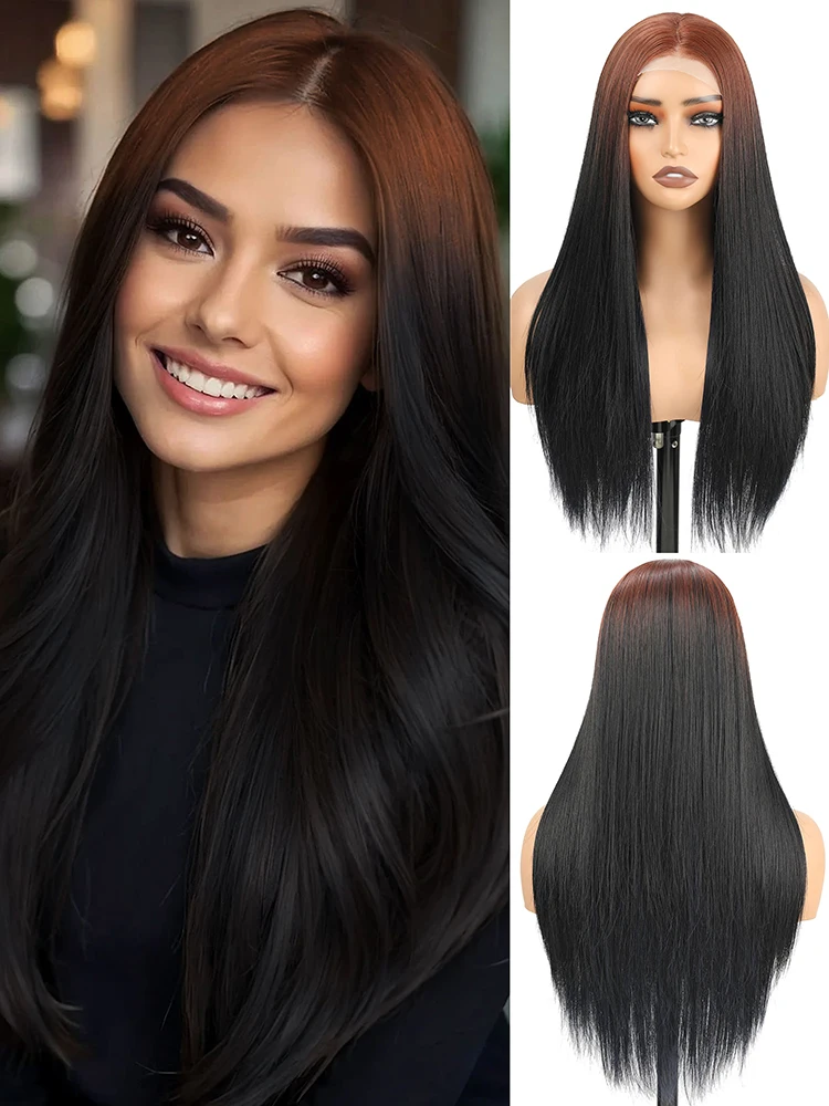 

NAYOO gradient lace wig, 28-inch long straight hair wig, brown gradient synthetic wig, suitable for women everyday wear and date
