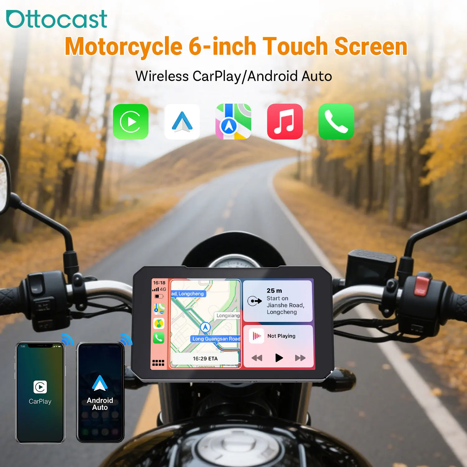 

Ottocast Express C6 Motorcycle Touch Screen 6 inches Wireless CarPlay Android Auto Waterproof GPS Wave Google Map