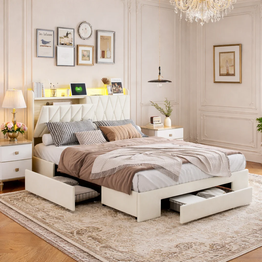 Cama tapizada 140x200 cm terciopelo beige, con 3 cajones, cama doble con almacenaje, cabecero con estantes, luz LED, puerto USB, base con somier de láminas, cama juvenil moderna dormitorio funcional