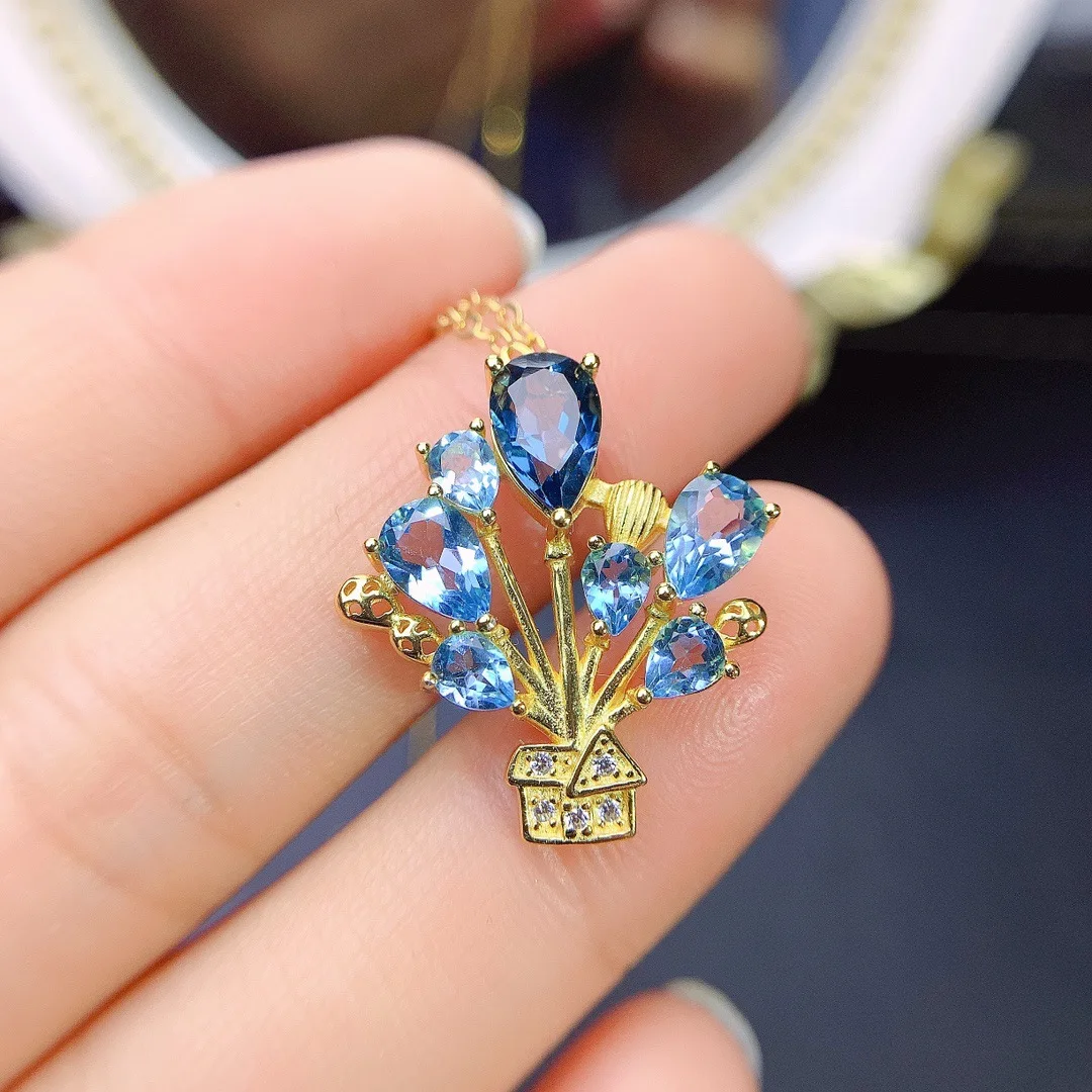 

KJJEAXCMY Girls Jewelry 4x6+5x7mm Natural Blue Topaz Necklace Pendant 925 Pure Silver Plated 18K Gold Clearance Sale Party Gift