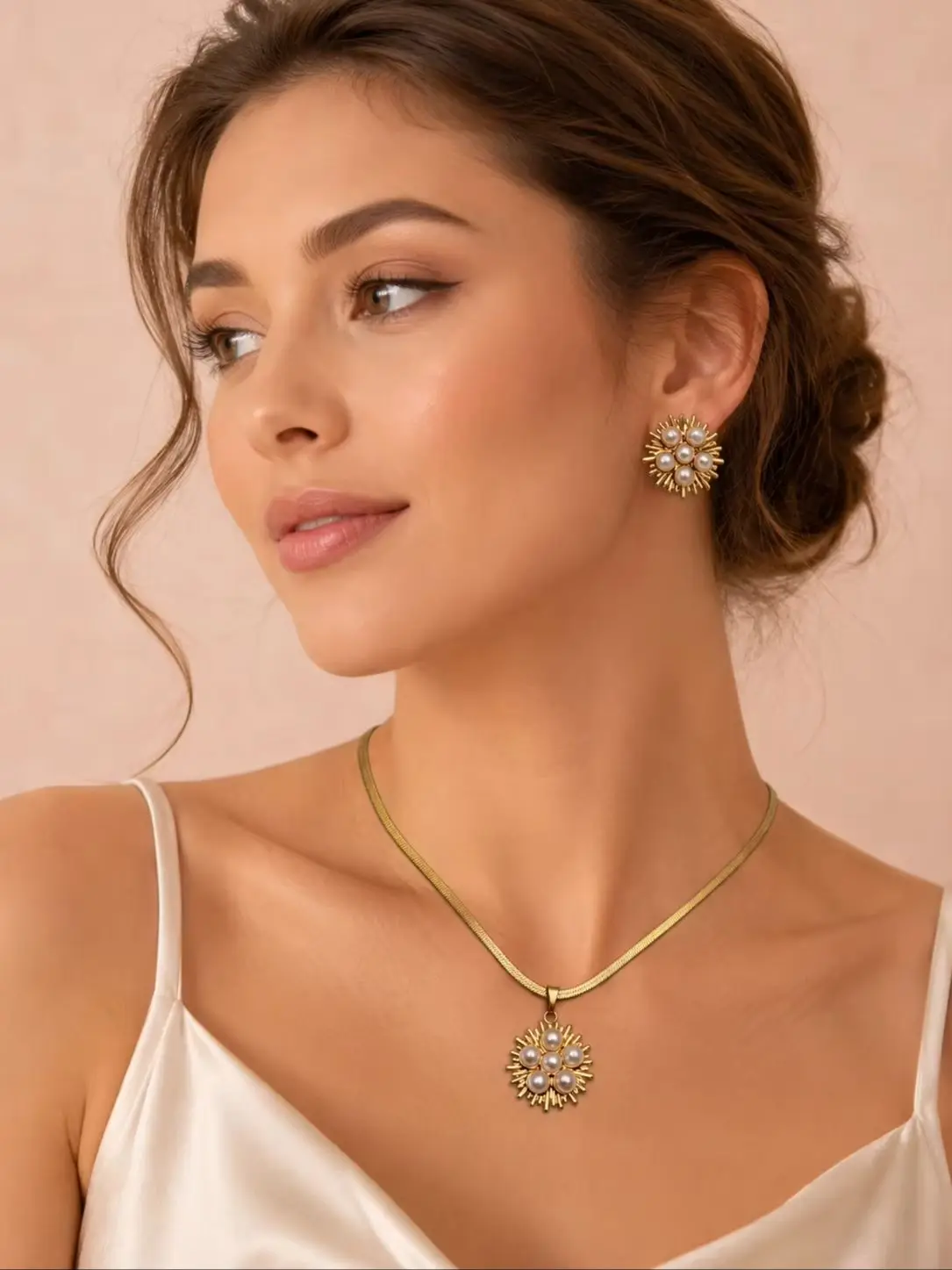 Women's Vintage Pearl Geometric Pendant Necklace Earrings Set