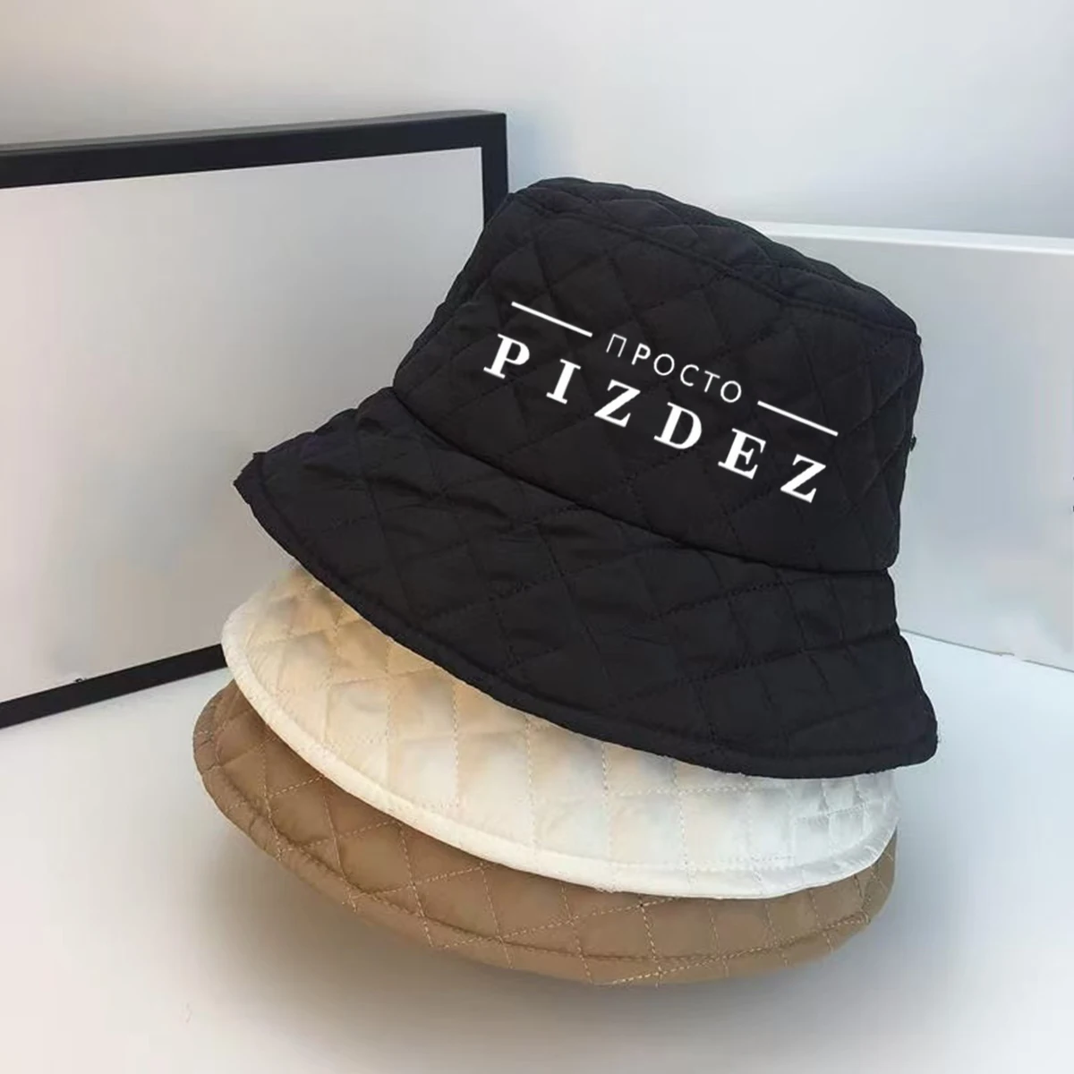 1pc 'PIZDEZ' printed diamond pattern fisherman hat with 'a' logo, suitable for autumn and winter