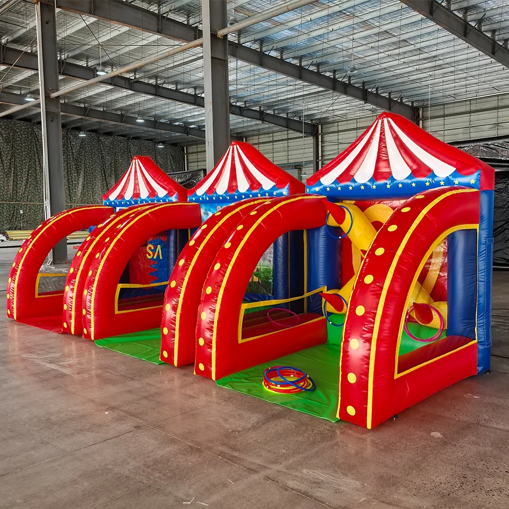 Oxford/PVC comercial 3 en 1 juego inflable de carnaval juegos deportivos inflables multi deportes baloncesto juego de fútbol para fiesta