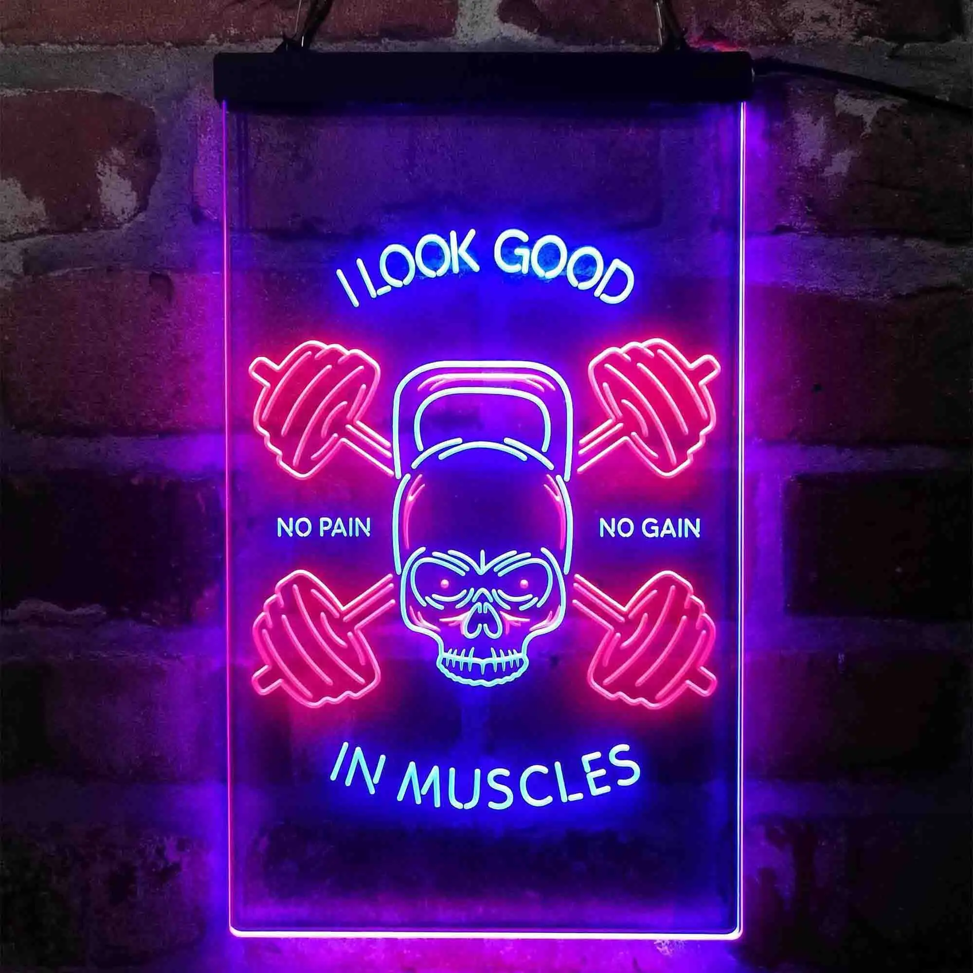 Custom Dual Color Neon Light Sign No Pain No Gain I look Good in Muscles Weight Train Gym Fitness Dual Color LED Sign