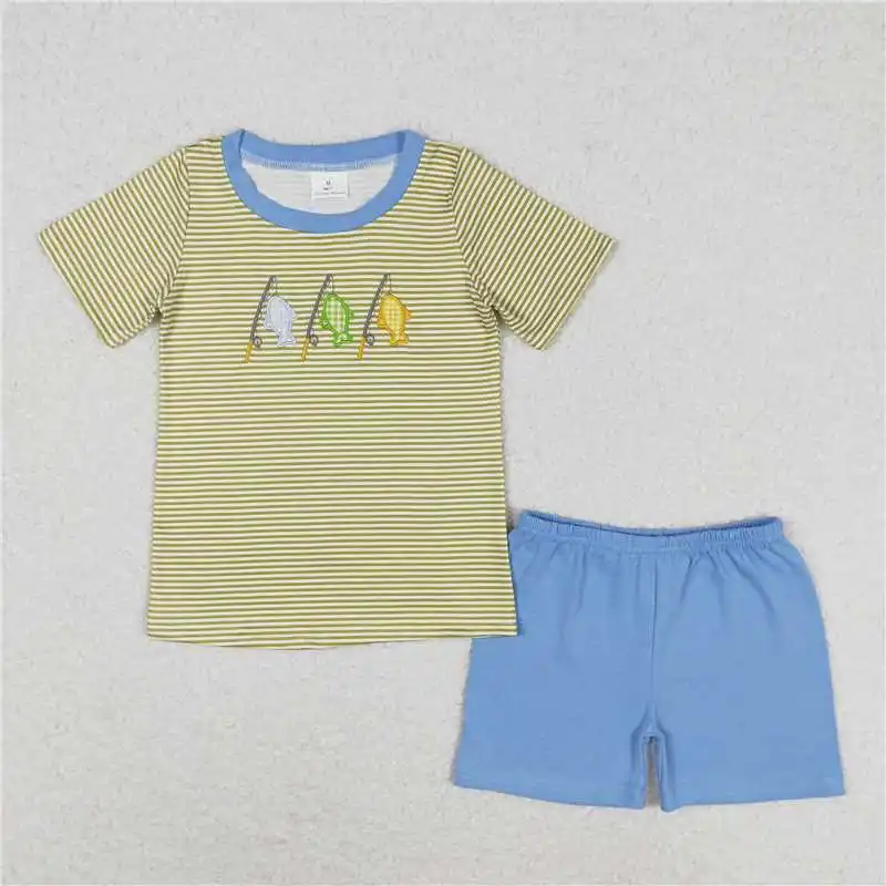 Summer Match Baby Boys Stripes Fishing Sibling Embroidery Summer Rompers Clothes Set Wholesale Boutique Fashion Children Clothes