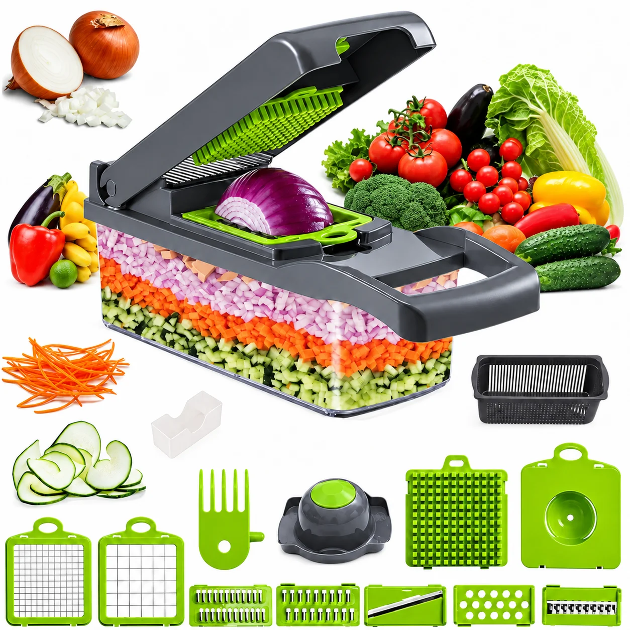 Affettatrice e tritatrice per verdure, modello multifunzione 16 in 1 con contenitore, mandolina salvaspazio, per una preparazione dei cibi efficiente e senza sforzo.
