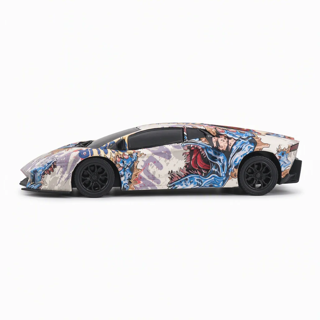 Op afstand bestuurbare auto met verlichting en dinosaurus-graffiti design - 1:16 hoge snelheid RC-voertuig - Urban simulatie raceautootje
