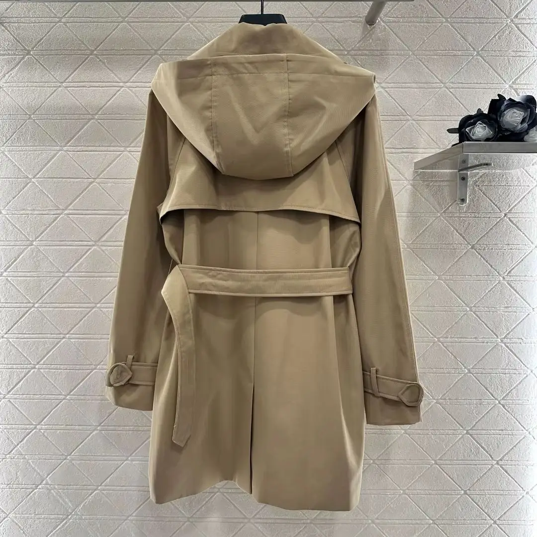 

2025 Women's Autumn and Winter New Lapel Belt Windbreaker Jacket Mid-Length Waist Windbreaker Front Button Double Row