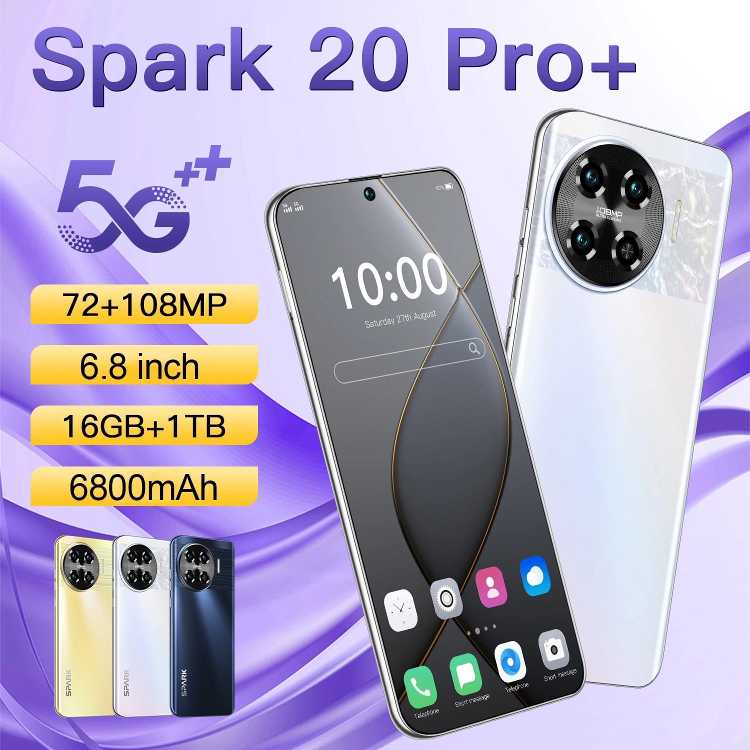 

Global Version Mobile Phones Spark 20 pro+ 6.8 inch smartphone 5G 6800mAh Battery 108MP Camera Cellphone 16G+1T Face unlocked