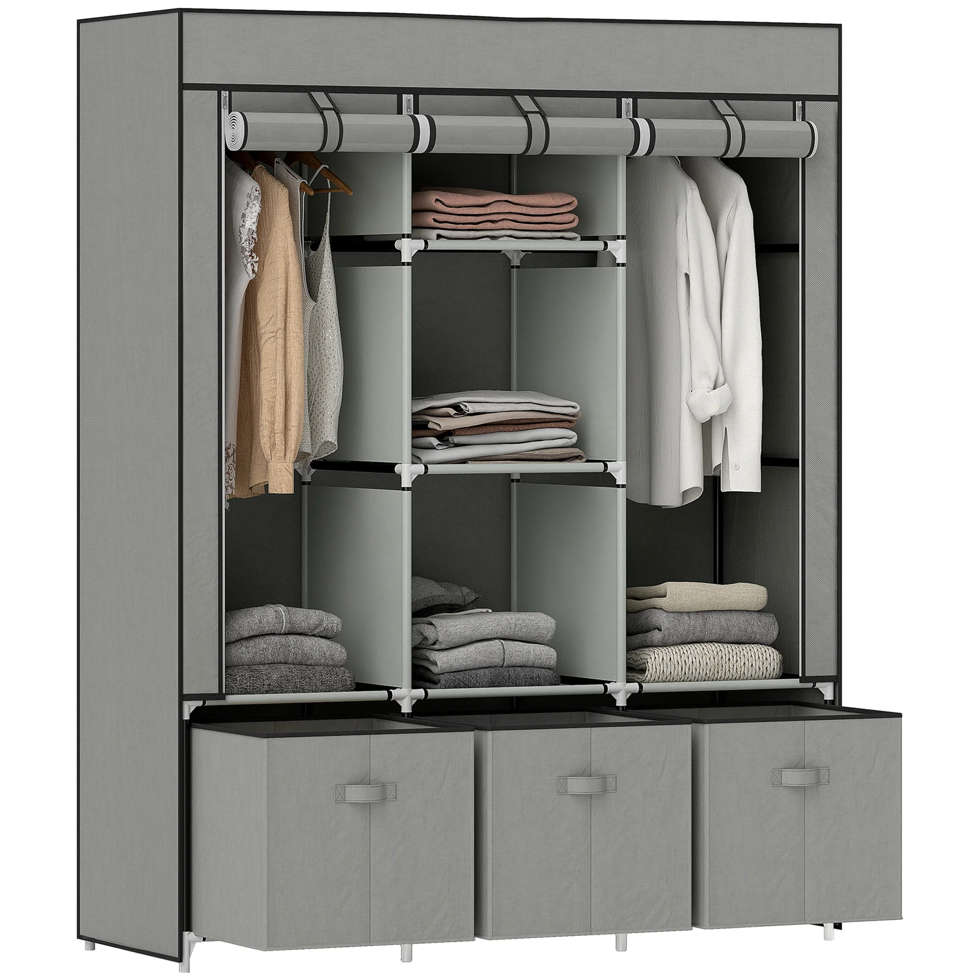 Armoire en tissu non tissé, pliante, comprenant 3 tiroirs, 125 cm x 43 cm x 162,5 cm, gris clair
