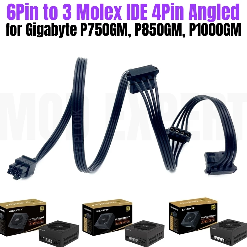 Kabel zasilający 6Pin do 3x Molex IDE 4Pin Perif Angled PC Case Fan 18AWG do zasilacza Gigabyte GP-P750GM, P850GM, P1000GM Gold Power Unit