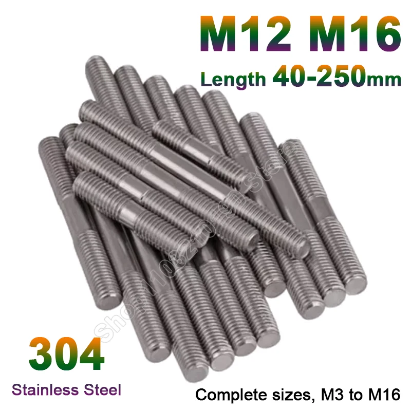 

304Stainless Steel Double End Thread M12 M16 Double End Bolts Stud Lengthen Headless Bolt Tooth Stick Dual Head Thread Bar GB901