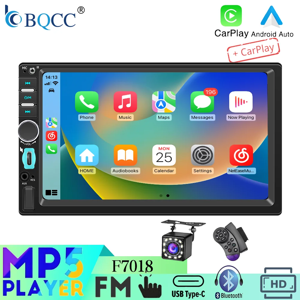 BQCC 7'' 2Din Universal Car Player Wireless CarPlay Android Auto Mirrorlink Bluetooth AUX FM 7 Color Lights Stereo Car Radio