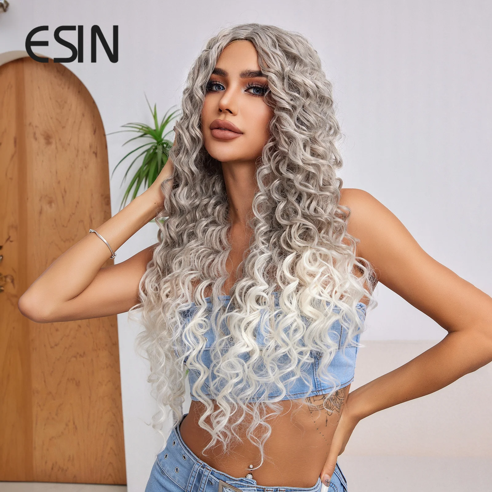 ESIN Synthetic Ombre Dark Gray to Light Gray Color Wigs Medium Long Loose Body Wave Wig Hair Cosplay Natural Daily Use for Women