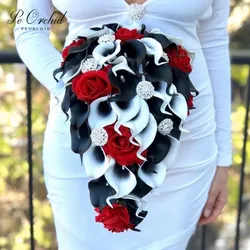 Broche negro de PEORCHID, ramo de novia grande, blanco, Artificial, calas en cascada, ramo de boda, rojo, negro, dama de honor, Flowersi