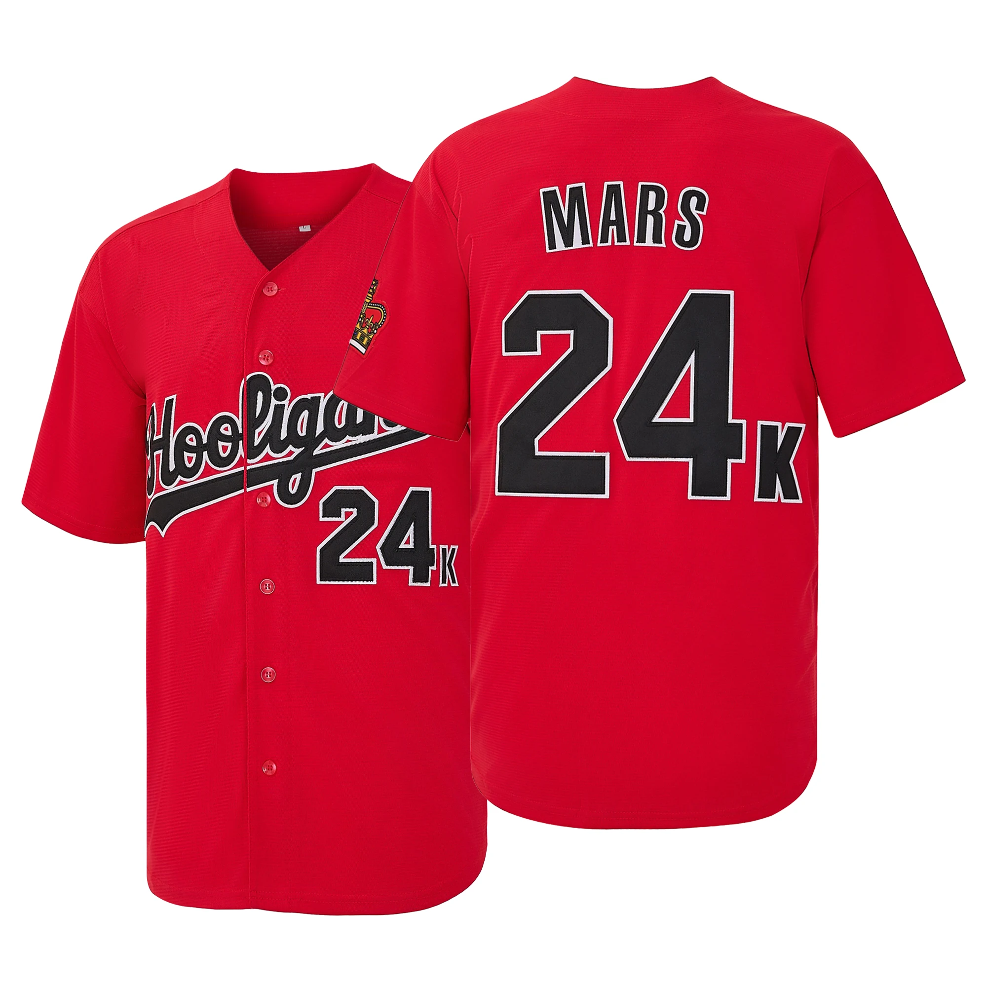 Men's Mars 24K Magic Concert Hooligans Themed Hip-Hop Red Baseball Jersey,Embroidery Retro Streetwear Sports Apparel
