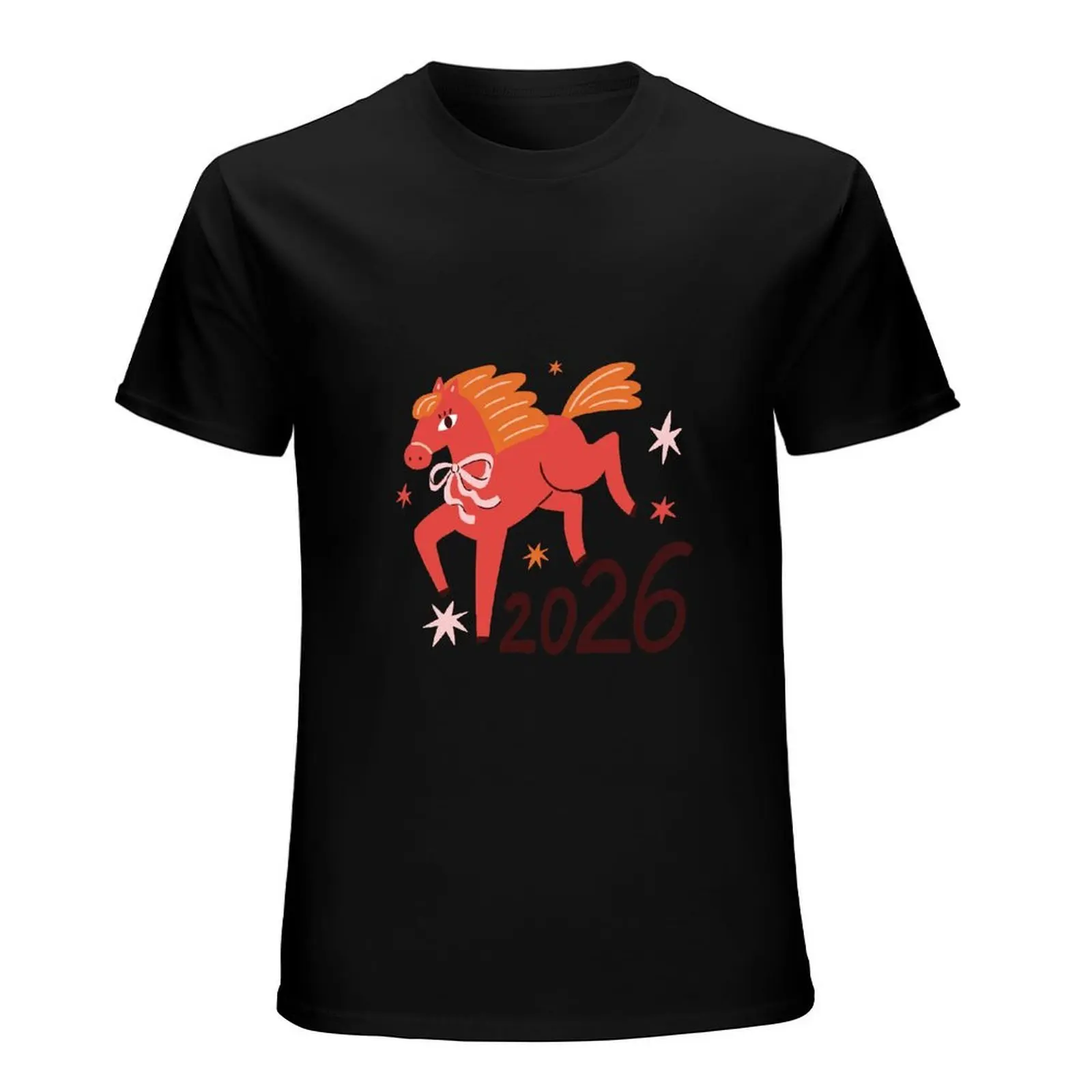 Cute Bow Red Zodiac Horse 2026 Star Pattern Men Women Fashion Short Sleeve Cotton Tee