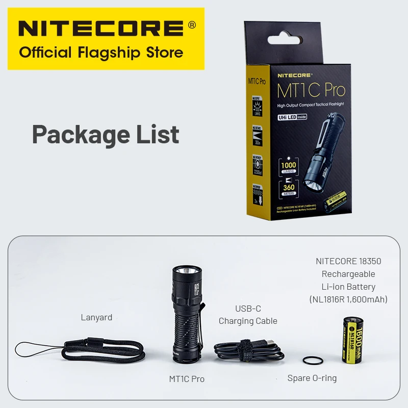 NITECORE MT1C Pro Compact Tactical Flashlight 1000 Lumens EDC Pocket Flashlight Torch, 18350 USB-C Rechargeable Li-ion Battery