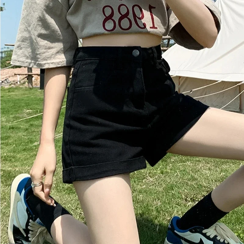 Neue Sommer Frauen hohe Taille Knopf mit Bein Jeans Shorts lässig weiblich lose blau Denim Shorts