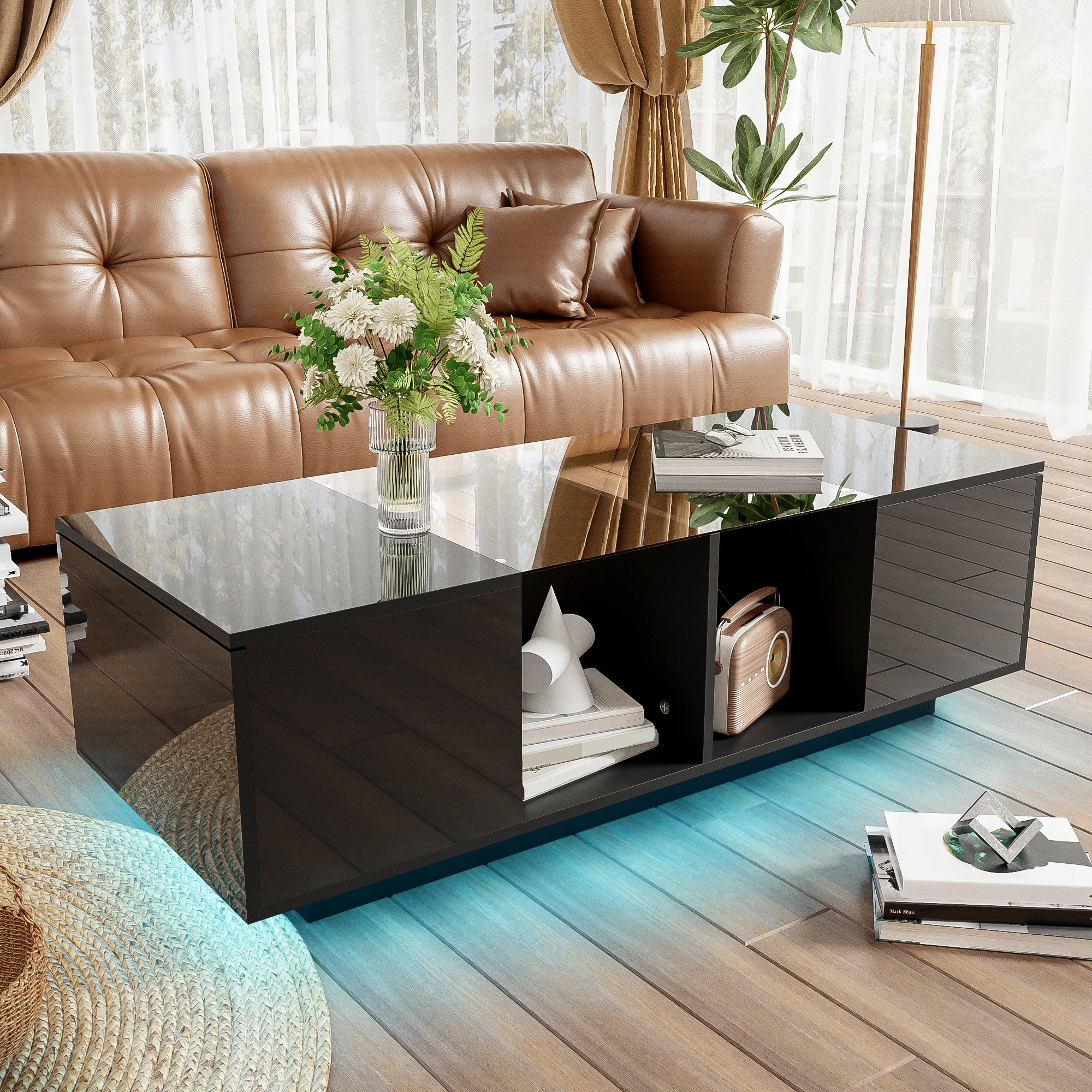 Mesa baja moderna, mesa auxiliar de salón led con almacenamiento, bandeja para vasos de alto brillo, bebida, negro, 120x50x cm