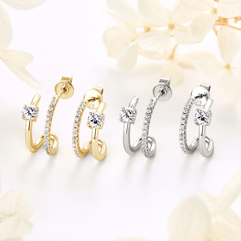 Anziw NEW 4mm Moissanite Piercing Stud Ear Cuffs 925 Sterling Silver Double Side Hoop Earrings for Women Illusion Jewelry Gifts