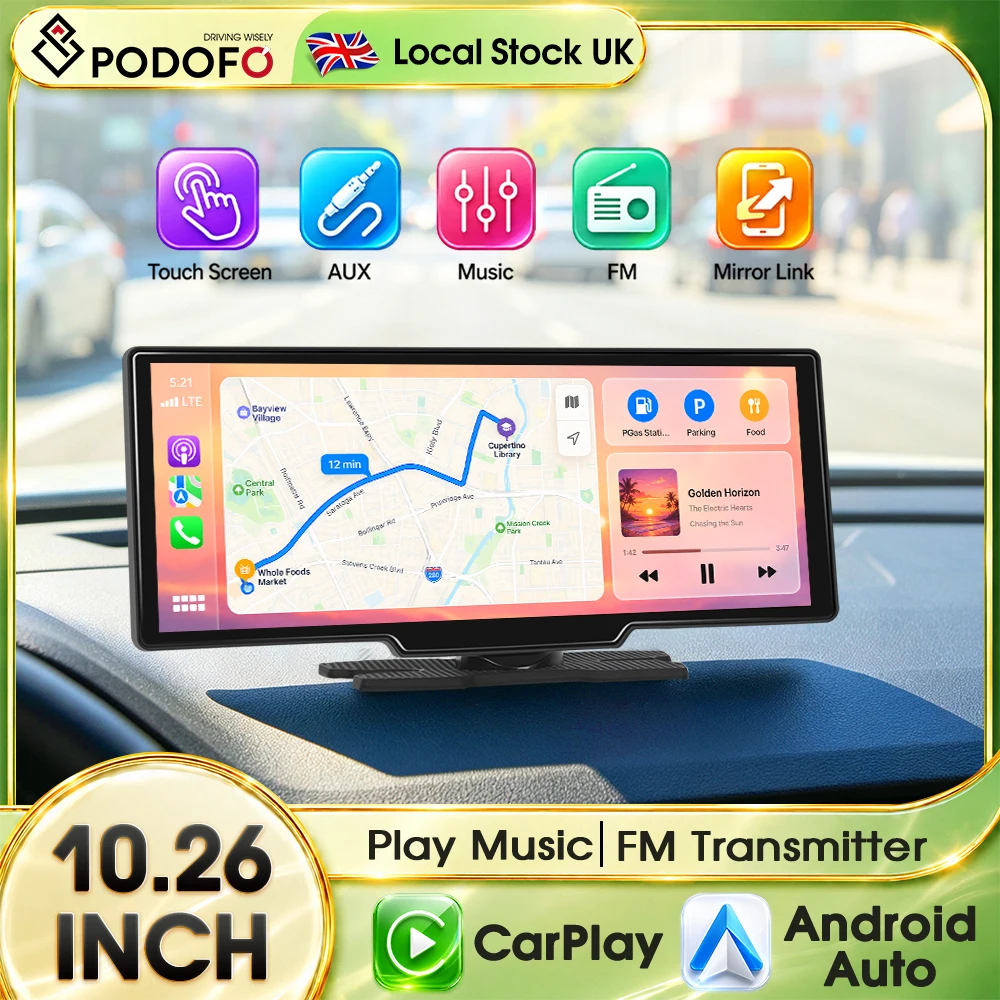PODOFO 10.26 Inch Portable CarPlay Multimedia Monitor Voice Control