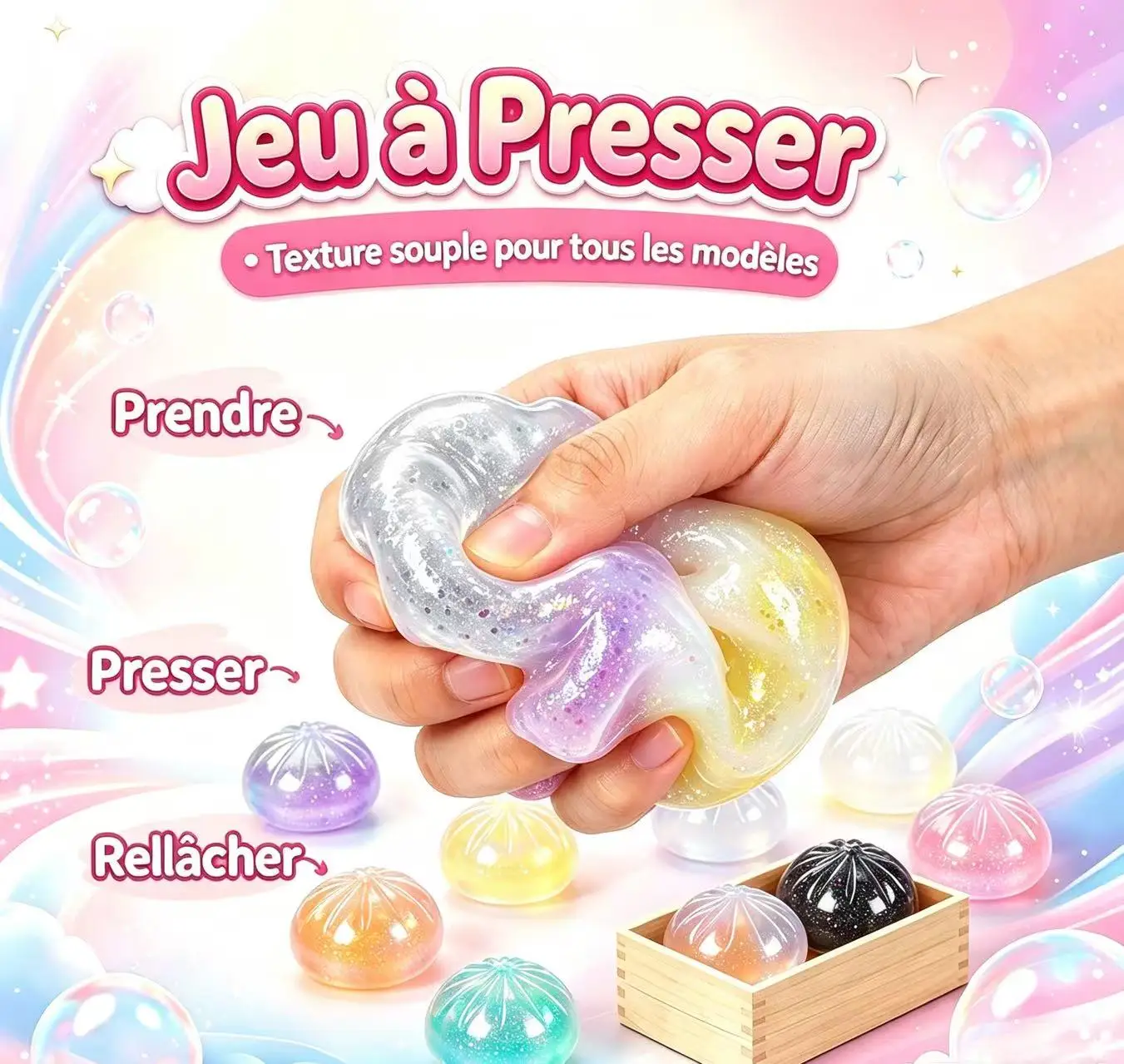 Boîte mystère de petits pains transparents et souples, avec paillettes, petit pain en forme de visage souriant, jouet anti-stress à manipuler, avec mini-appareil à vapeur, cadeau pour une fête d'enfants.
