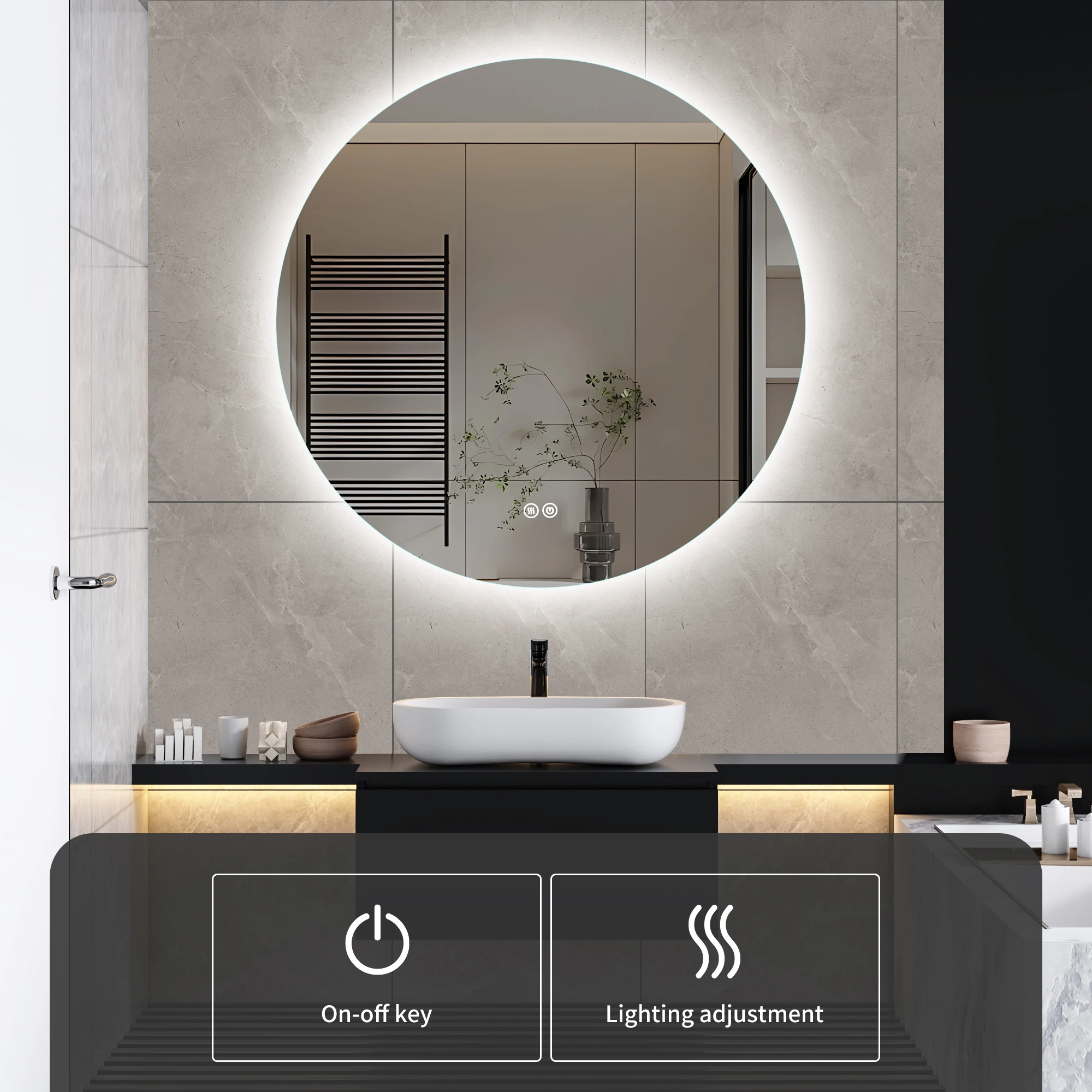 Superaly Miroir de salle de bain rond 80×80 cm, fonction anti-buée, 3 niveaux de luminosité, miroir cosmétique, sans cadre et non abrasif