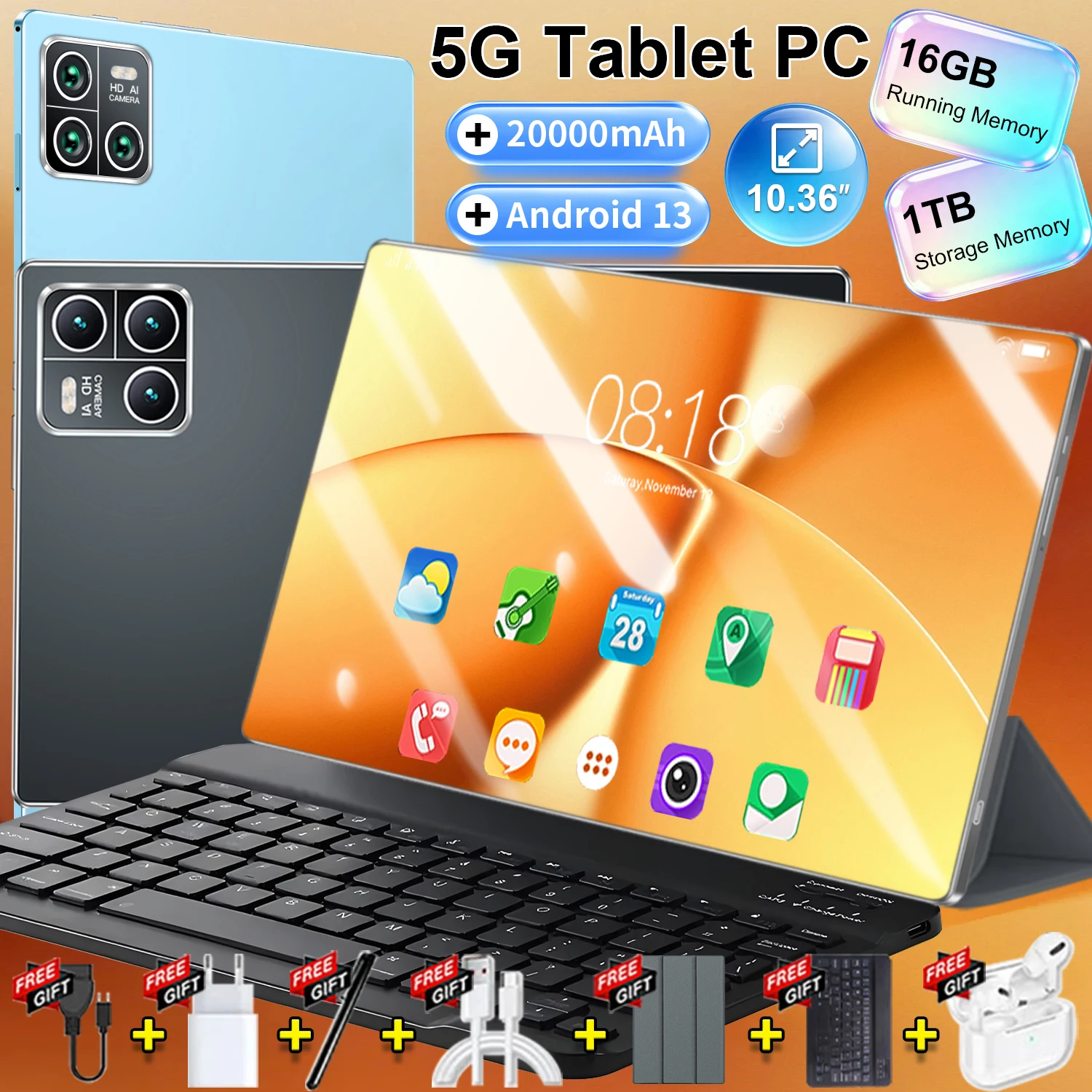 Tableta moderna con pantalla táctil de 10,36 pulgadas, sistema Android 13, procesador de 14 núcleos de ultra alto rendimiento, 16 GB de RAM
