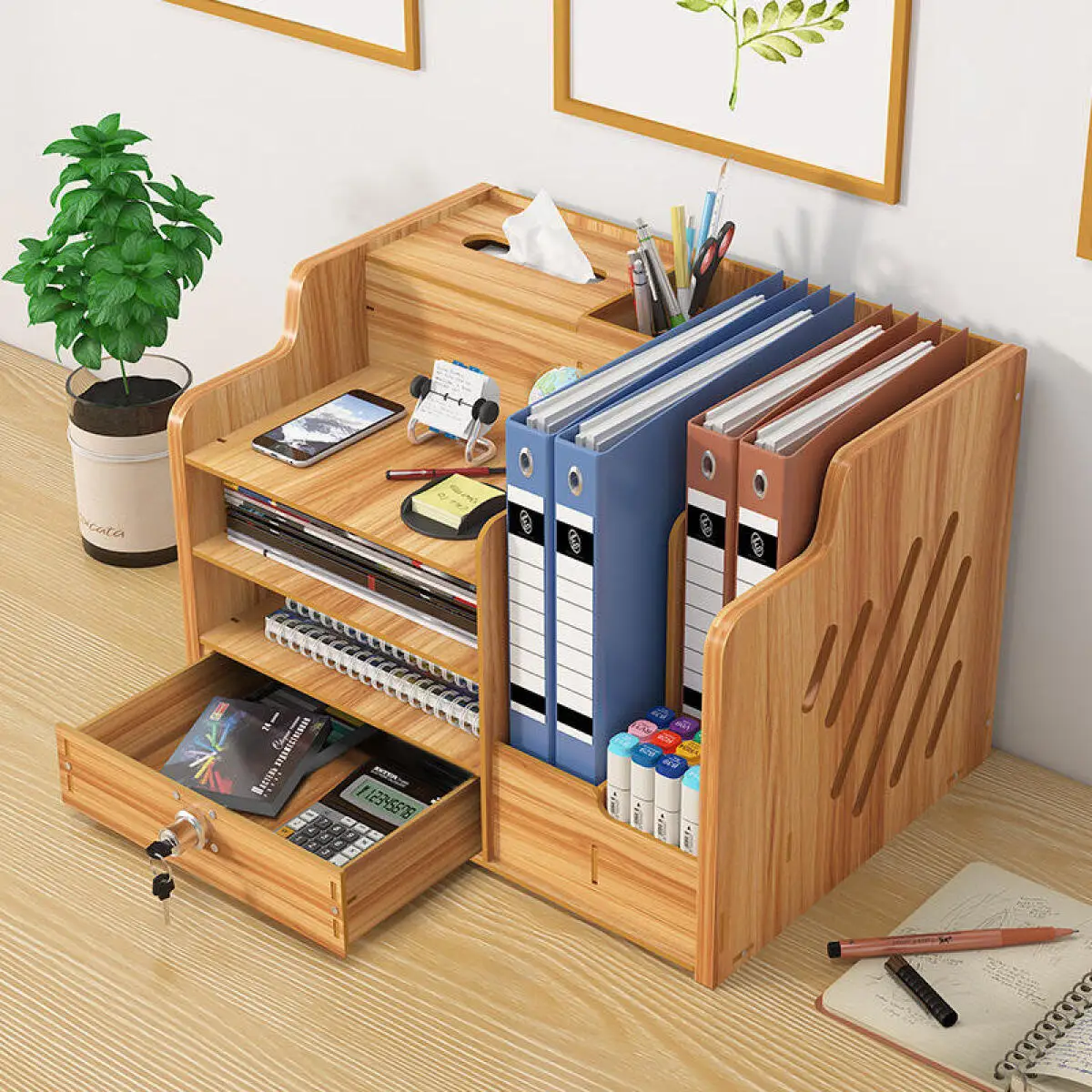 Home Organizer Rack Wooden Desk Paper Storage Box Stackable Document Tray for Office School Home Multifunctional File Holder Letter Sorter Shelf