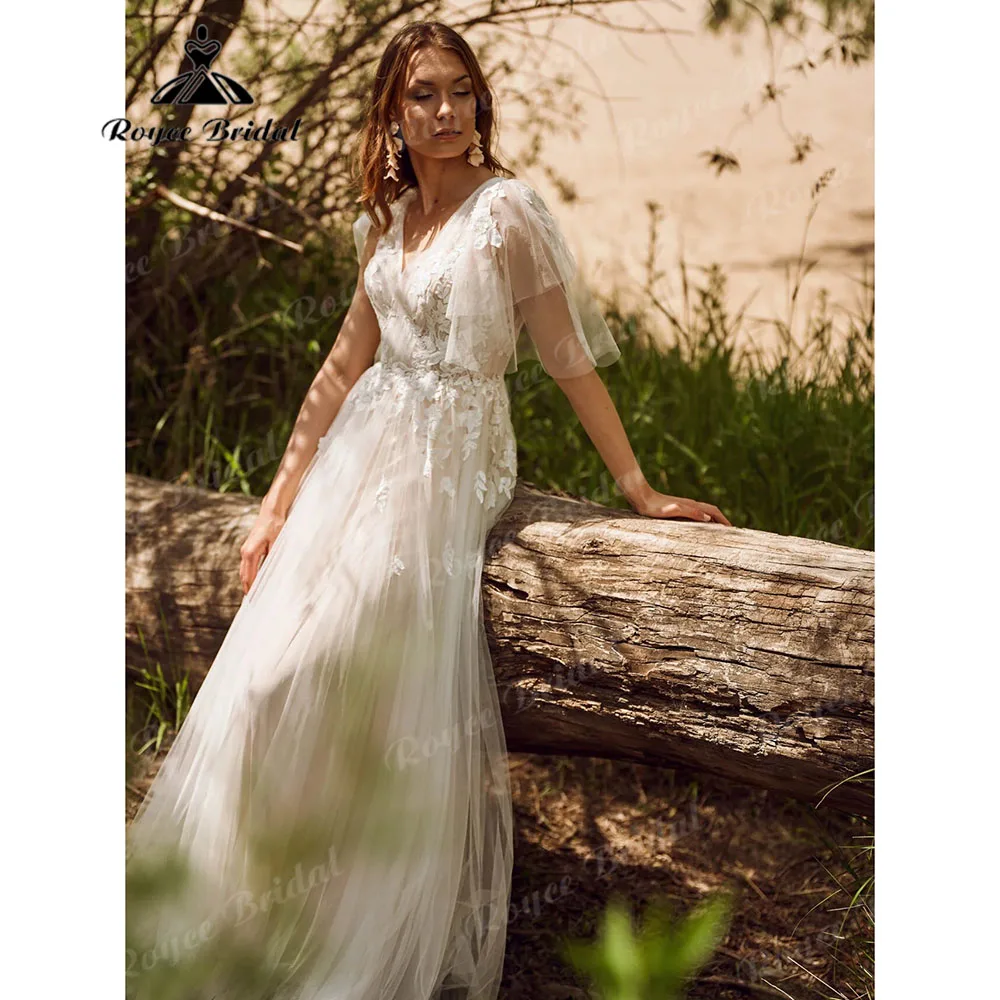 Rustic Garden Lace V Neck Lace Appliques WOmen Wedding Party Gown with Short Sleeve 2024 Robe Civil Bridal Gown robe de mariée