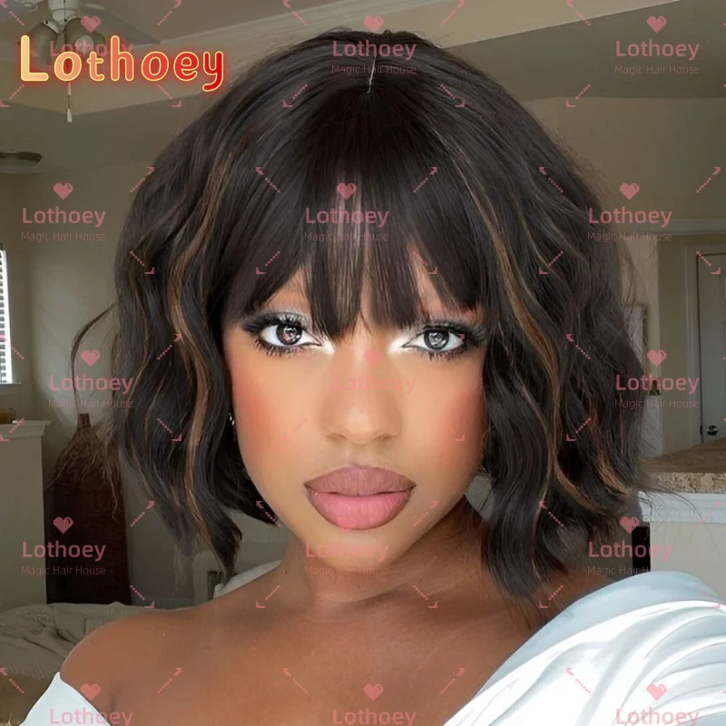

Short Black brown dyed wig Bangs body wave wig Suitable for black women Silk base wig Suitable for daily parties Cosplay Natural