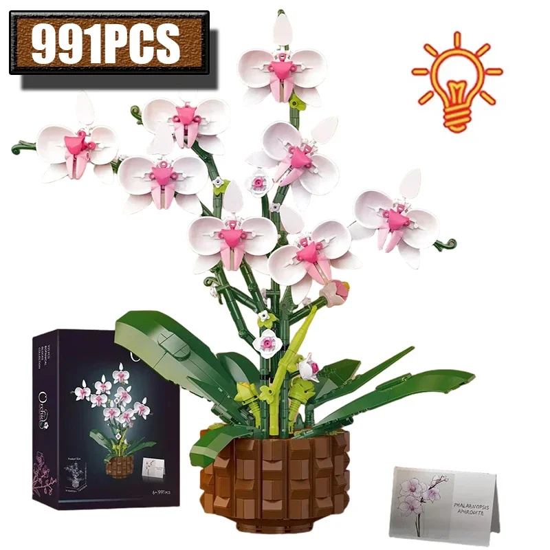 Kit de Construcción de Orquídea Phalaenopsis de 991 Piezas, Maceta de Bonsái, Juego de Ladrillos Realistas para Ensamblar, Juego Educativo de Construcción para Estudiantes, Adultos, Oficina, Hogar