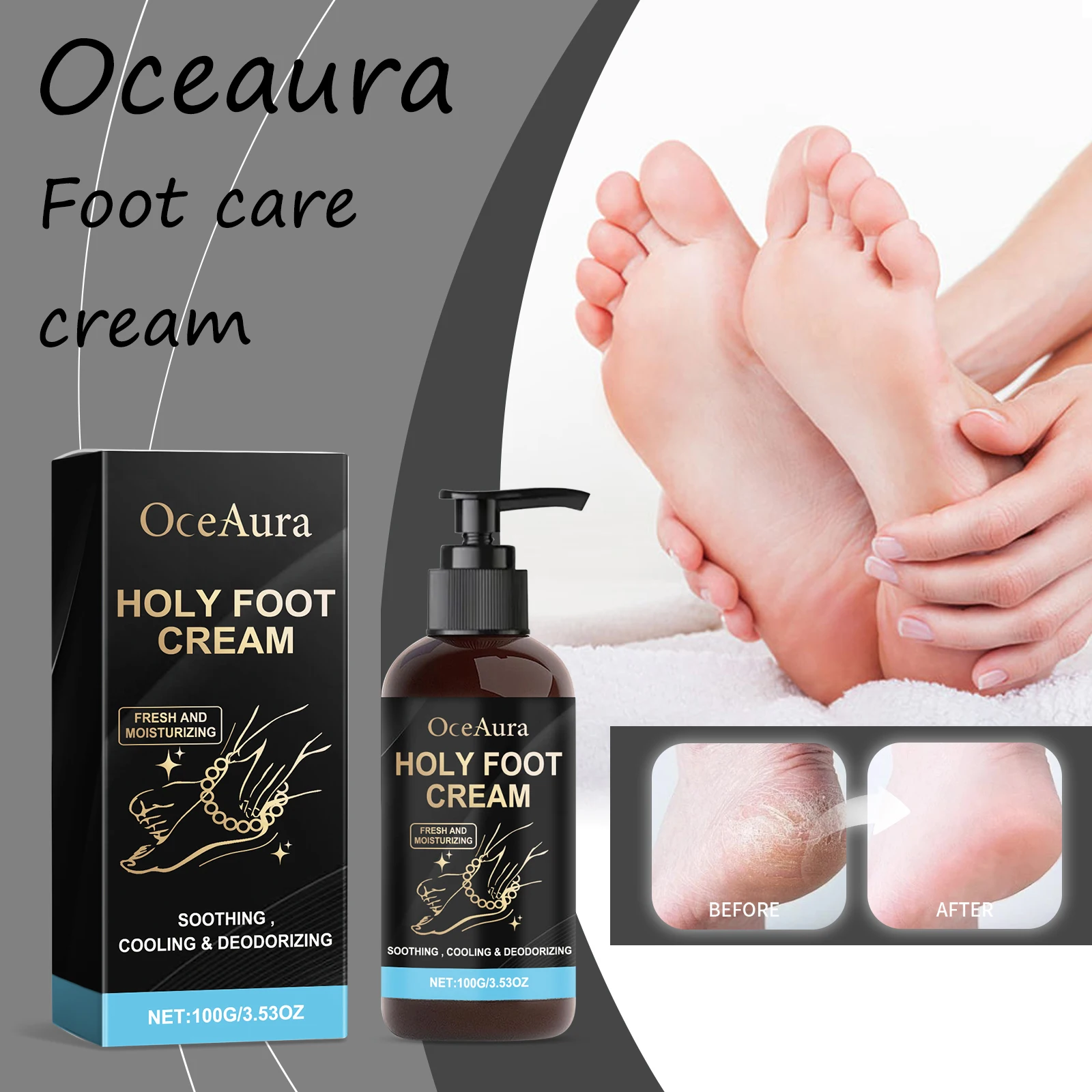 Oceaura Fußpflegecreme, feuchtigkeitsspendende Massage, reduziert Trockenheit, beseitigt schlechten Gerüche, repariert rissige Haut, lindert Beschwerden, Fußcreme