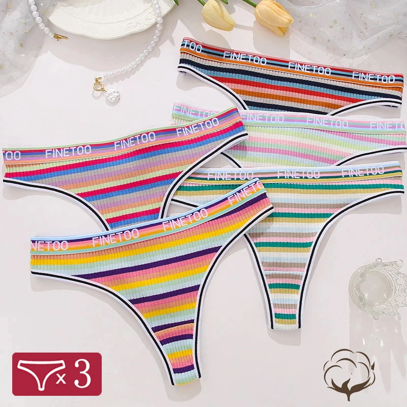 FINETOO Sexy Colorful Stripe Cotton Thongs For Women Low Waist G-String Panties Female Breathable Underwear Intimates Lingerie