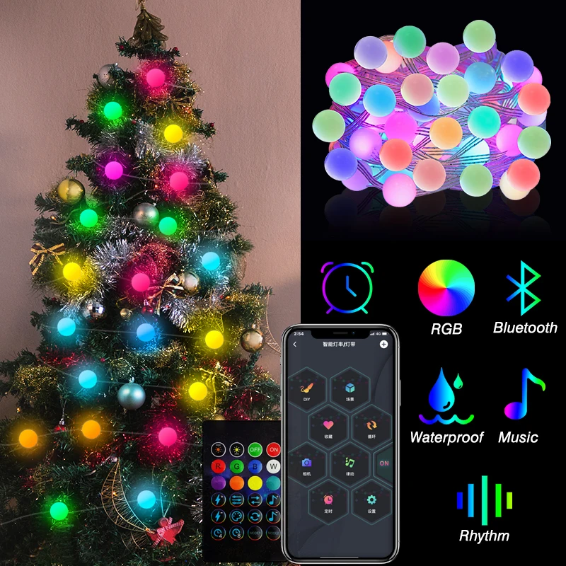 RGB IC Árvore de Natal Fada String Luz, Guirlanda de bola LED, Bluetooth, Multi-Color, impermeável, Lâmpada ao ar livre, Natal, Decoração de festa de casamento