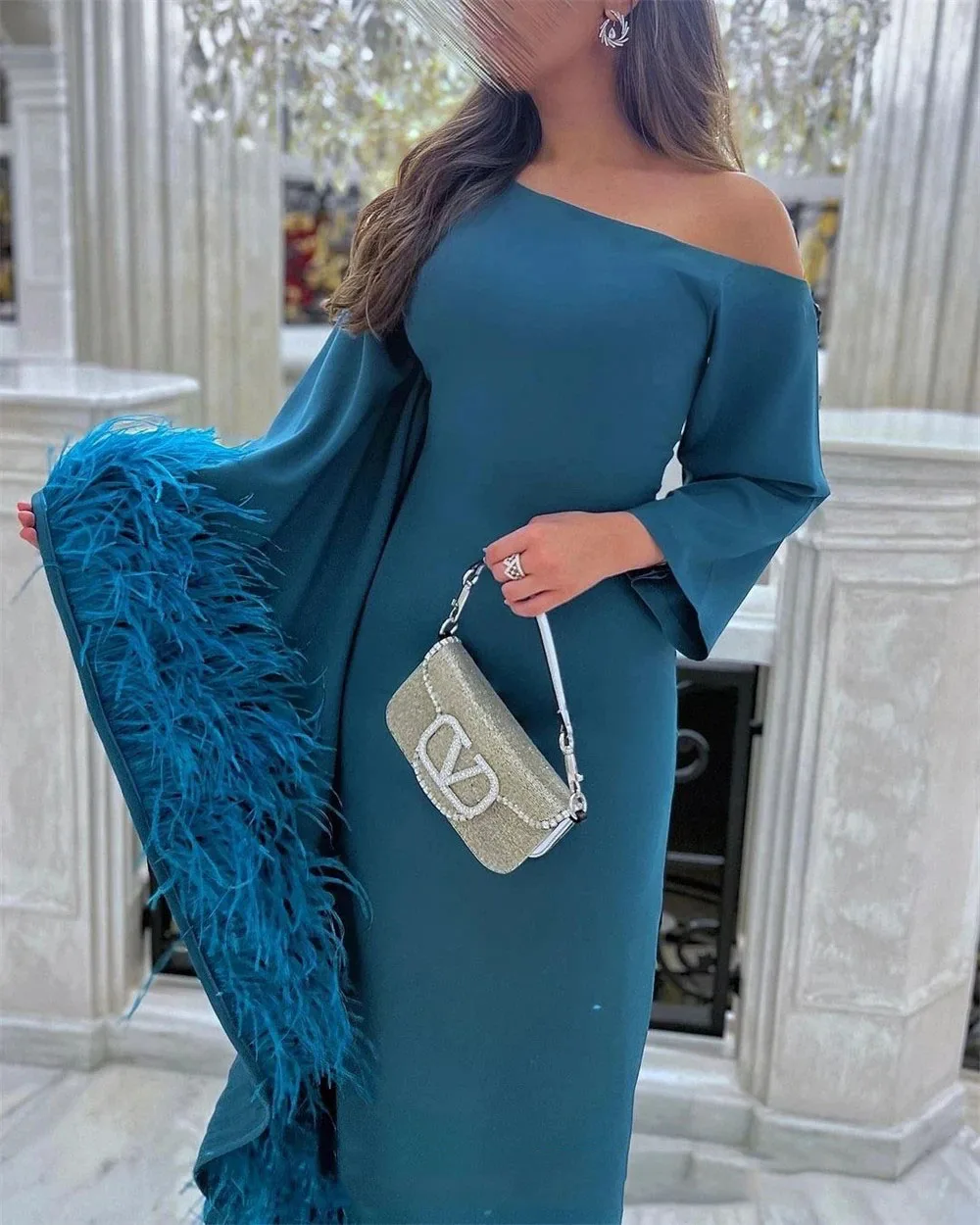 Luxury Blue Evening Dresses 2024 Customized Feathers Formal Occasion Gown Women Saudi Arabic Prom Gown For Women Party Dress