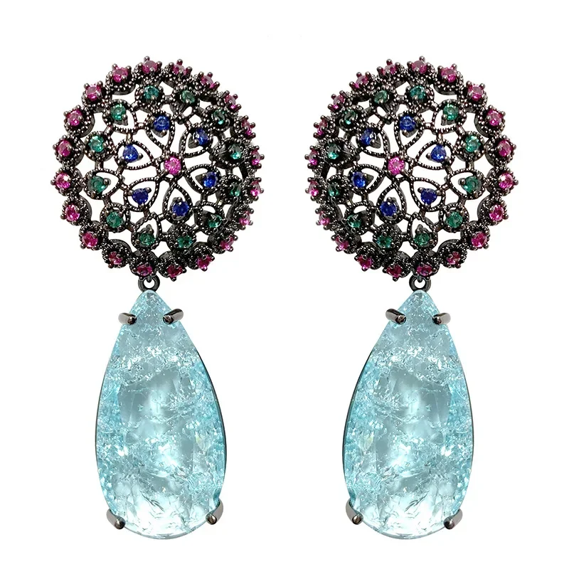 FXLRY elegant fashion blue broken cubic zirconia drop earring for women vintgage flower bridal wedding jewelry