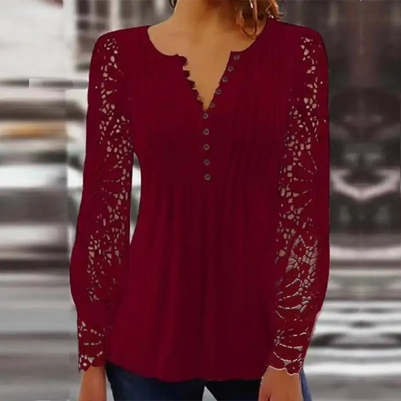 2024 Elegant Causal Blouses Sexy Fashion Soild V-neck Long Sleeve Women Shirts Lace Hollow Out Patchwork Design Office Lady Tops