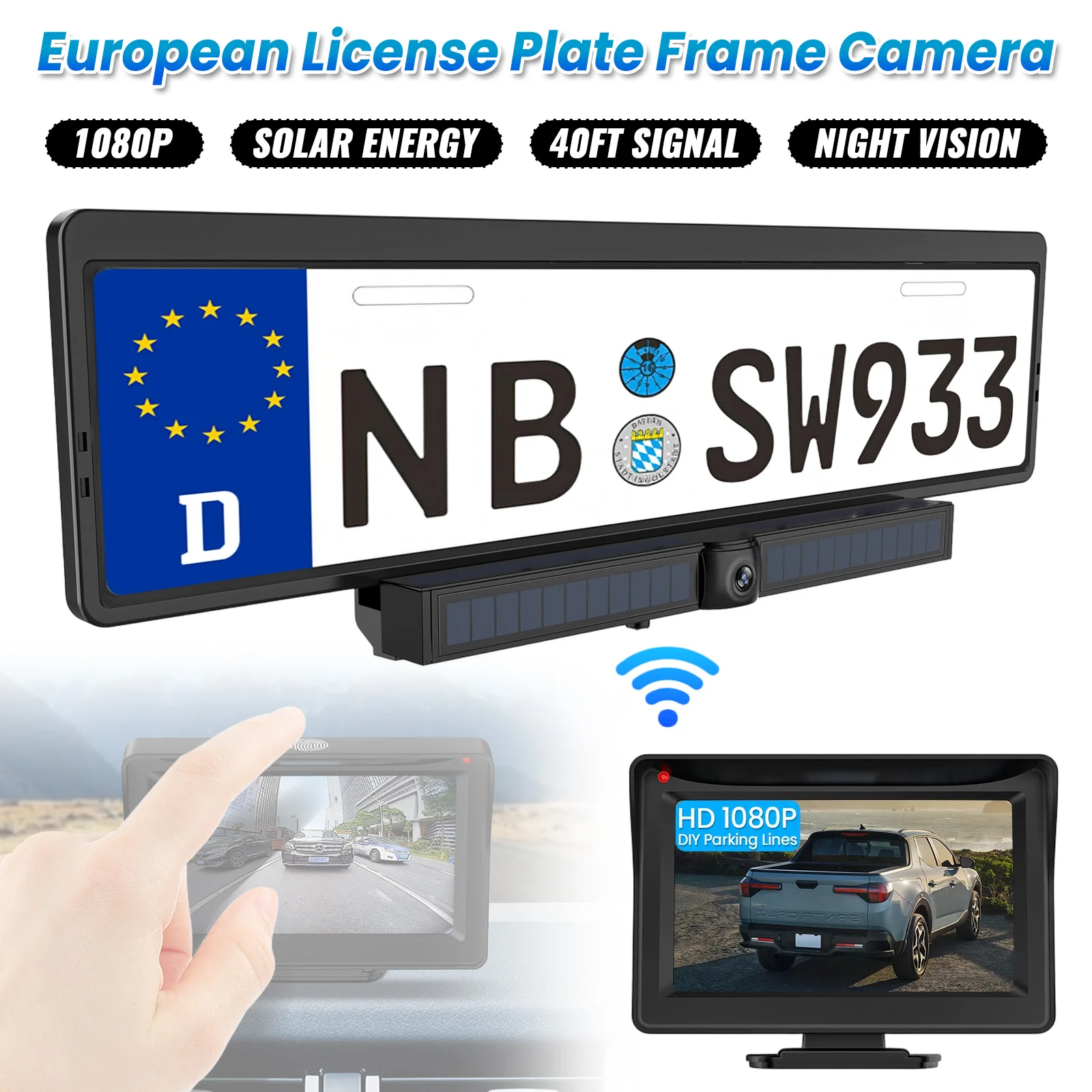 4,3-Zoll-Solar-Rückfahrkamera für Auto, Wohnmobil, LKW, Anhänger, Pickup, 12V-32V, Auto-Monitor, 1080P HD WIFI Rückfahrkamera