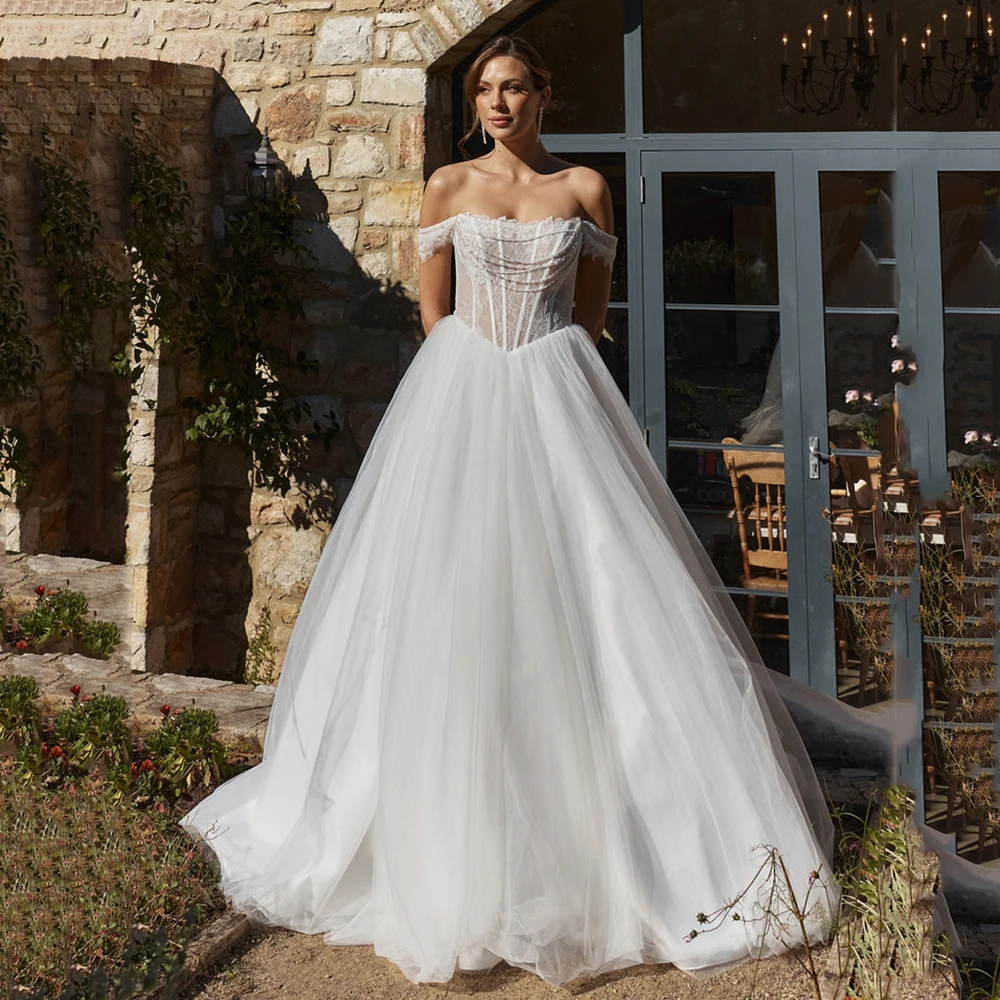 

Msikoods Customized Luxury Lace Wedding Dresses Strapless Corset A Line Tulle Bridal Gown Pearl Beaded Bride Dress Wedding Gown
