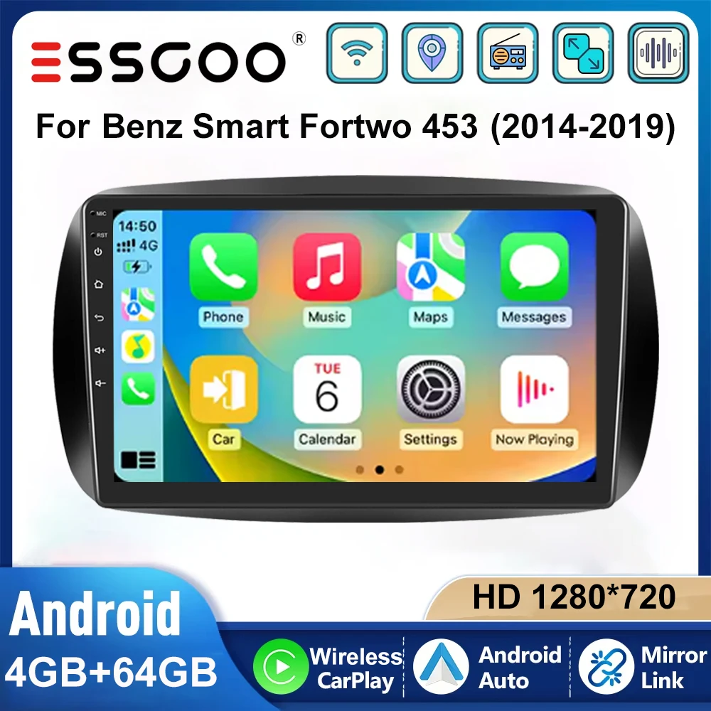 ESSGOO 9 Zoll Auto Stereo Radio Android 15 4+64GB Für Mercedes Benz Smart 453 2014‑2019 Kabelloses CarPlay Android Auto GPS Navigation RDS FM WIFI Bluetooth Mirror Link Lenkradsteuerung Touchscreen