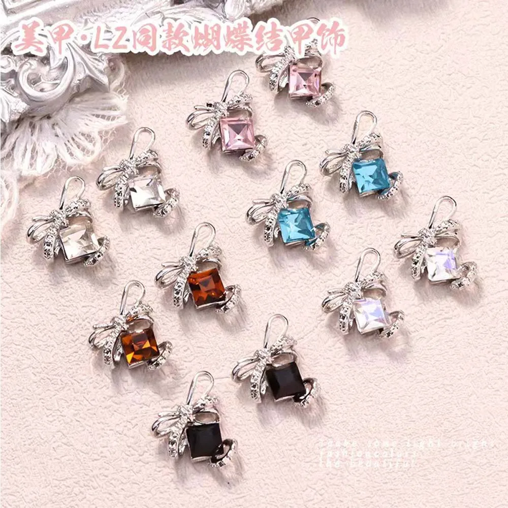 10Pcs Zircon Crystal Nail Art Charms 3D Alloy Light Luxury Bow Square Drill Nail Art Rhinestones Shiny DIY Manicure Accessories