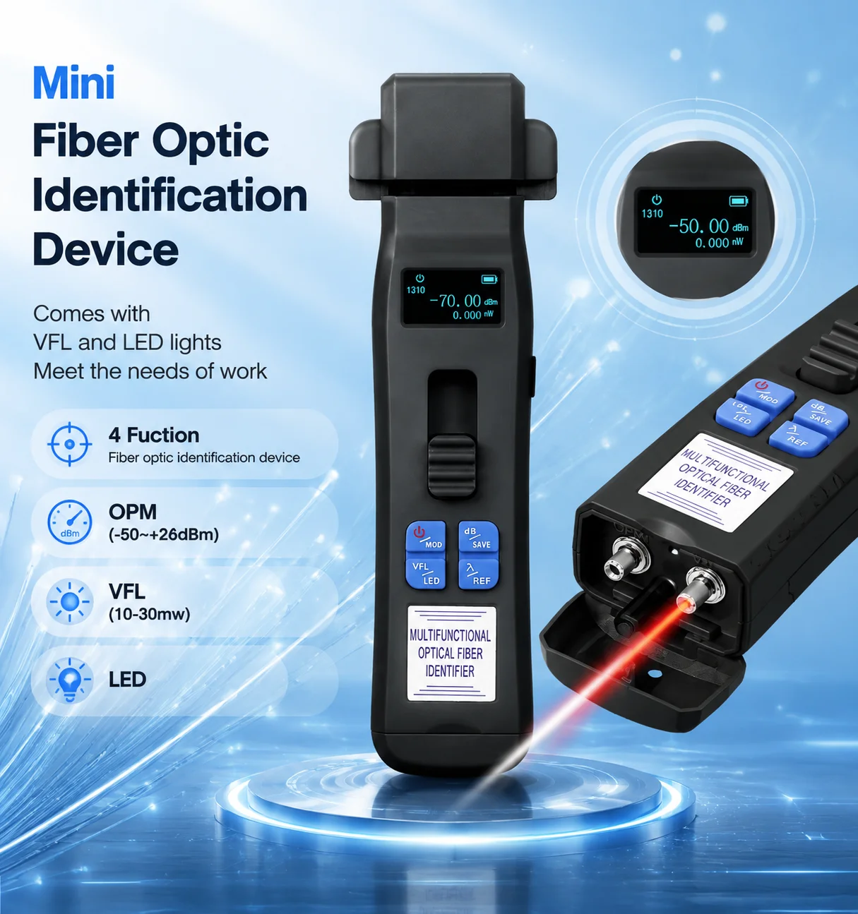 COMPTYCO AUA605 Optical Fiber Identifier Rechargeable Live Fiber Cable Tester FTTH Tool OFI Built in OPM/VFL/LED