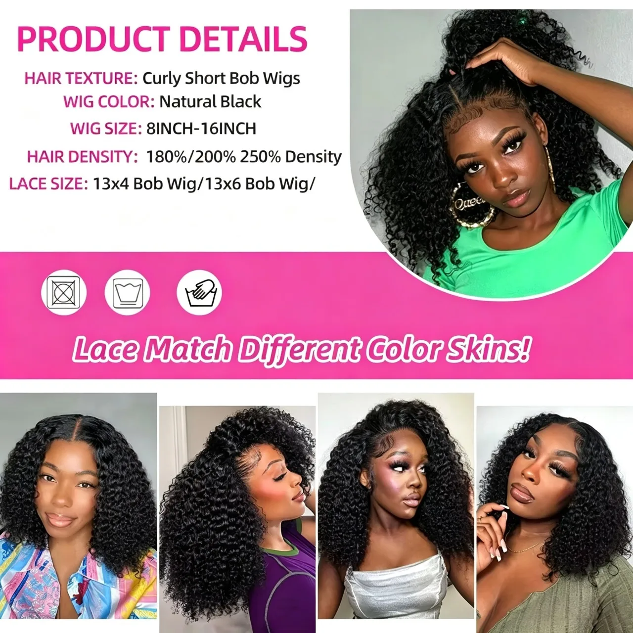 100% Human Hair Deep Curly Bob Wigs Virgin Human Hair 13x4 Lace Frontal Wigs Deep Wave Human Hair 4x4 Lace Wigs Natural Black Color Curly Short Hair Wigs For Women view 7