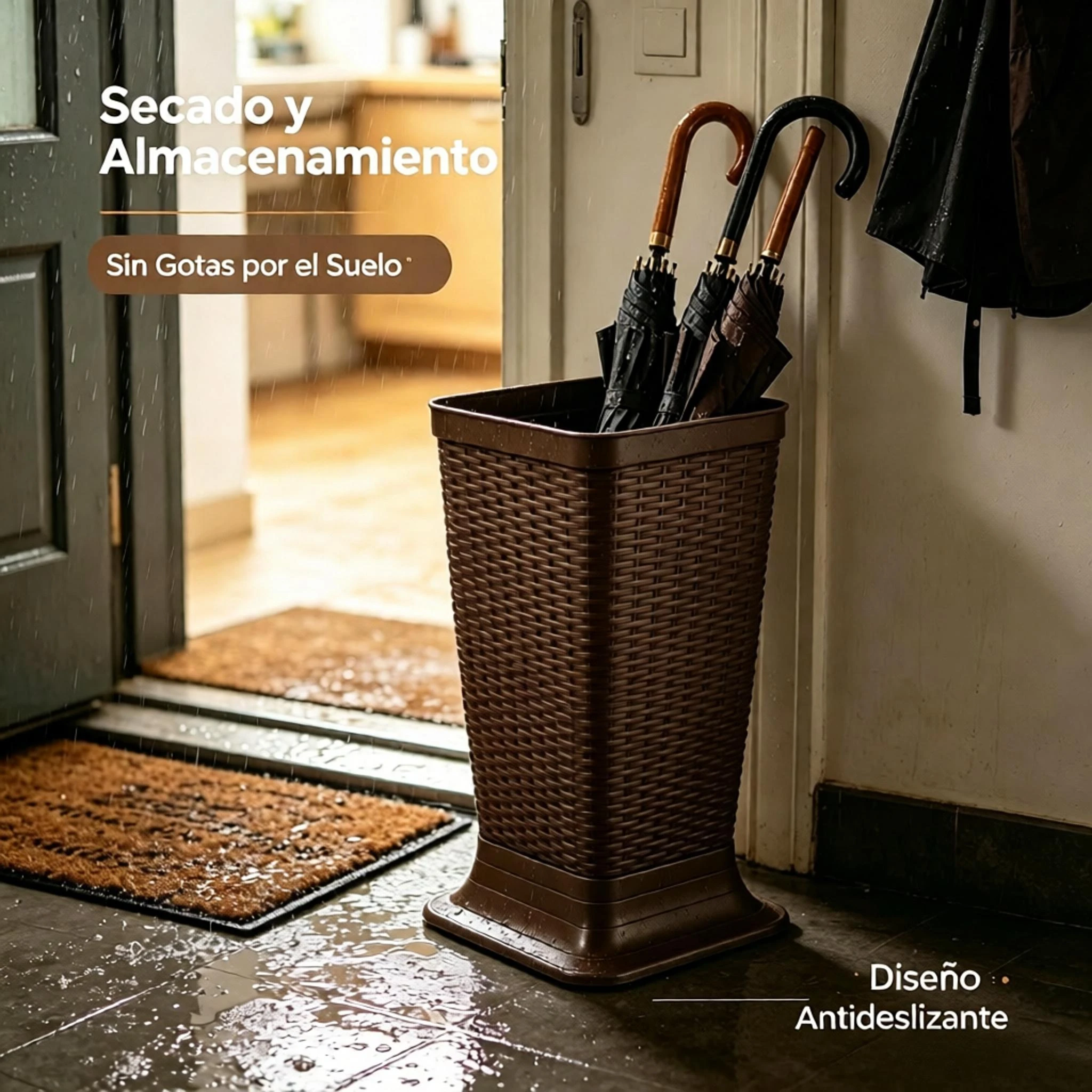 Porte-parapluie haut avec bac de récupération d'eau, design imitation osier tressé, support stable pour ranger les parapluies longs et pliables
