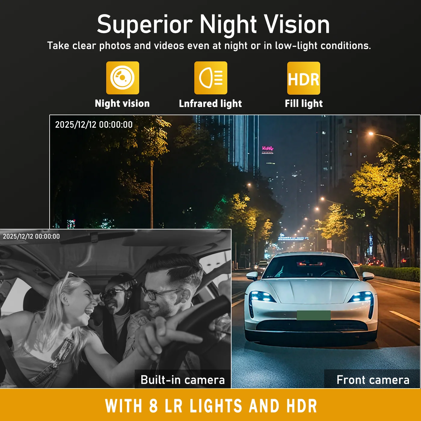 360 °   مسجل قيادة بانورامي، كاميرا داش عالية الدقة 1080 بكسل ذات 4 قنوات مع وظيفة Wi-Fi، رؤية ليلية فائقة، WDR، G-Sensor، loo