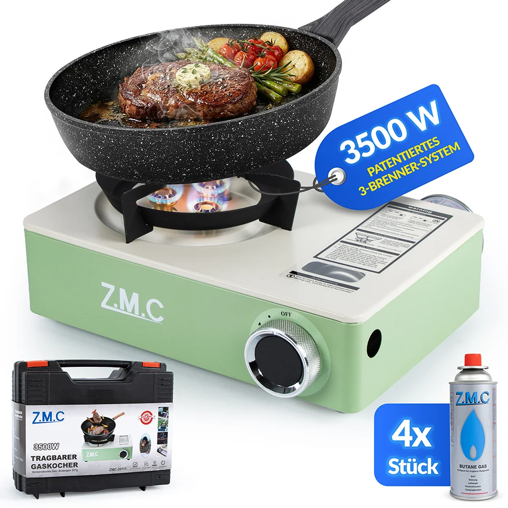 Cuisinière à gaz ZMC 3500W 1 flamme ignifuge avec 4 cartouches de gaz 227g, réchaud de camping inclus Réchaud portable à cartouche de gaz butane 3 brûleurs à allumage piézo pour camping en extérieur, jardin, balcon, pêche, festival, voyage, cuisine d'urgence