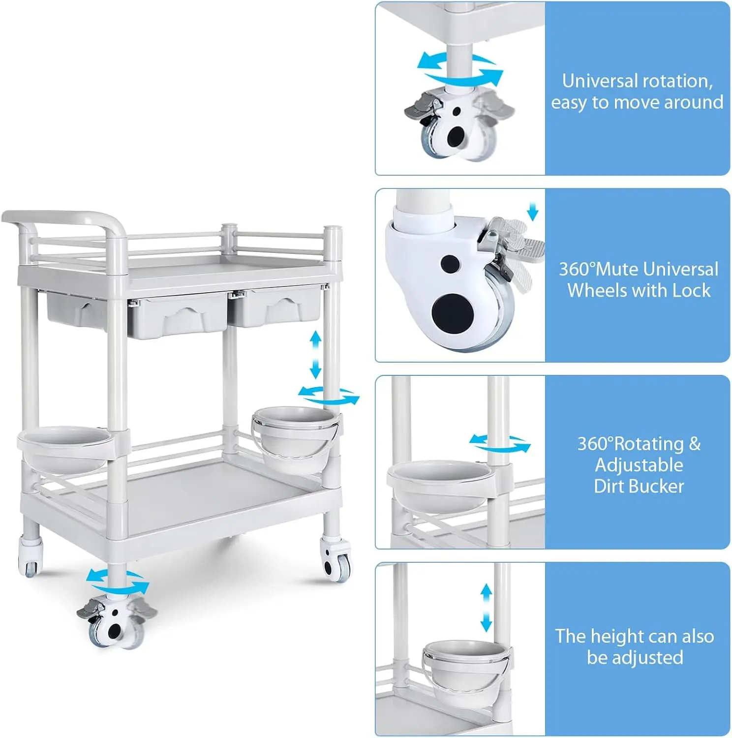 Mobile Utility Cart with Wheels, 2-Shelf Heavy-Duty Rolling Cart, 430 lbs Max Load Capacity, includes Dirt Buckets and 2 Drawers